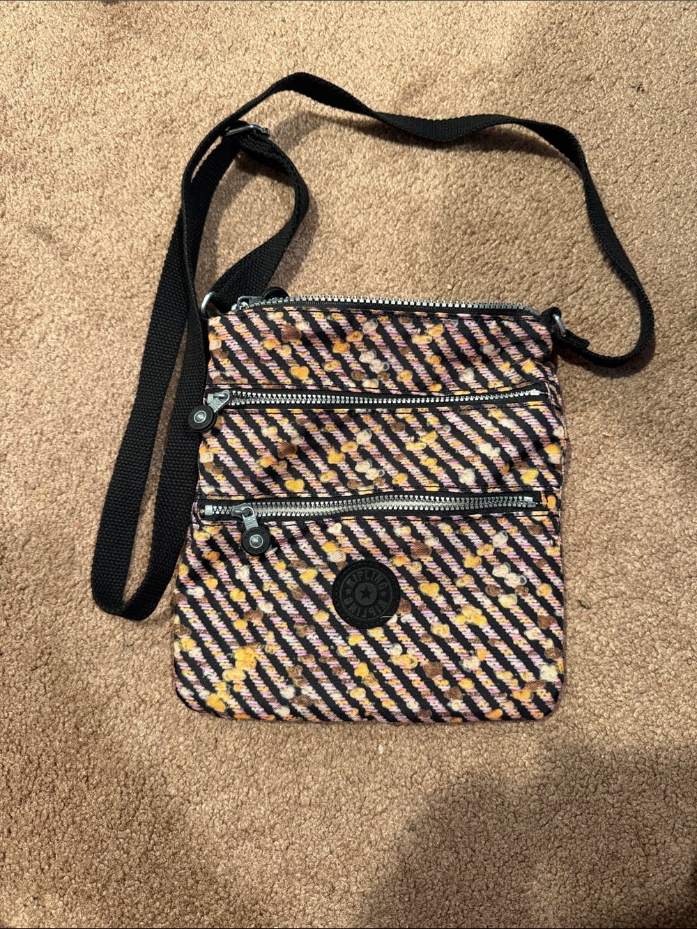 Kipling Floral Stripe Small Crossbody in Black, Pink and Yellow